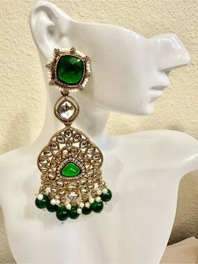 Gold-Plated Green Cabochon Drop Earrings with Pearl Accents (High Quality)